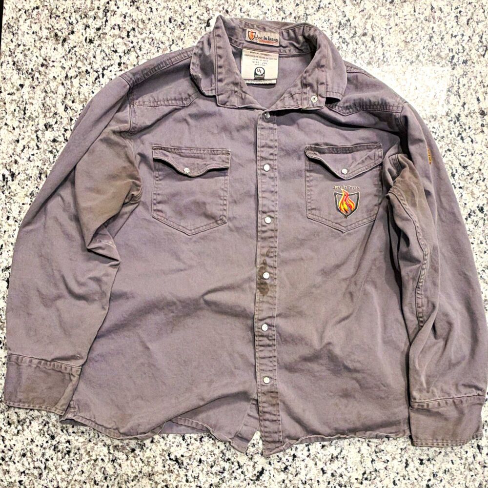 Just In Trend FR Treated Gray Cotton Twill Snap Front Work Shirt 2XL USED